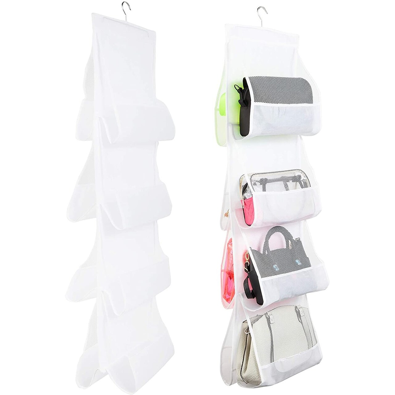 2-Pack Fabric Mesh 8-Pocket Hanging Handbag Purse Storage Organizer for Closet, White 48"x13.8"